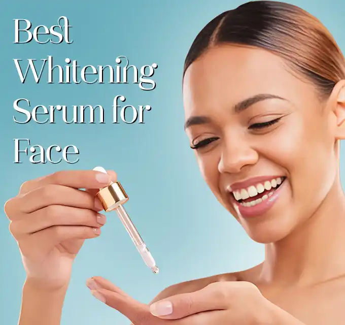 Woman holding a serum dropper above her hands with a joyful expression and promotional headline best whitening serum for face, including affordable and Korean whitening options for even tone